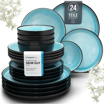 Produktbild von Steingut Geschirrset 6 Pers. Ibiza 24-tlg Hochwertiges Mediterranes Geschirr Set - Schüssel- und Teller Set - Tafelservice 6 Personen Geschirrsets