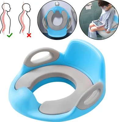 Image de XINZI Siège de toilette pour enfants Rehausseurs de toilettes Siège bébé Coussin antidérapant Rehausseurs de toilettes avec poignée et protection anti-éclaboussures Bleu+Gris