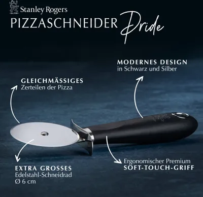 Produktbild von Stanley Rogers Pizzaschneider 18 cm, Küchenhelfer mit ergonomischen Premium-Softtouch-Griff, Pizzarad mit Funktionsteil aus Edelstahl (Farbe: Silber/Schwarz)