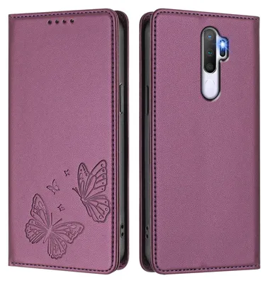 Image de Étui en cuir pour Oppo A9 2020/A5 2020, motif papillon en relief, étui portefeuille à rabat avec support, violet