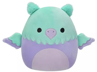 A plush toy owl with mint green and purple coloring, presented against a white background.