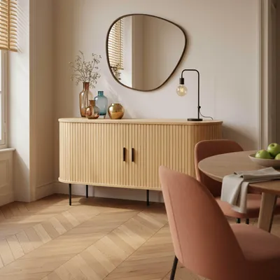 Immagine prodotto di Credenza a 2 ante in melaminico e acciaio 140 cm beige - Oviala Marius