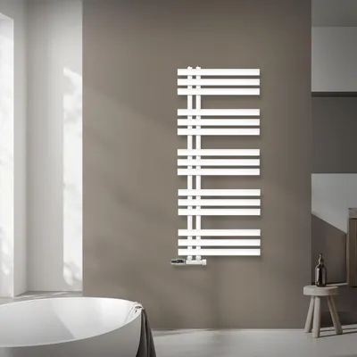 Obrázek produktu pro LuxeBath Designový koupelnový radiátor, 500x1200 mm, bílý, připojovací sada a termostat rohové připojení na stěnu, bez topného tělesa