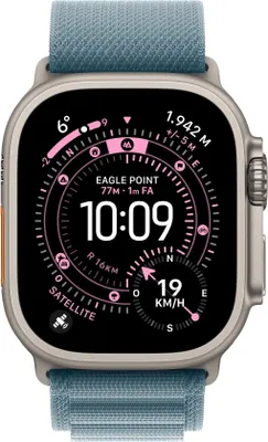 A close-up, front-facing view of an Apple Watch Ultra with a blue Alpine Loop band, displaying a detailed watch face with various metrics.