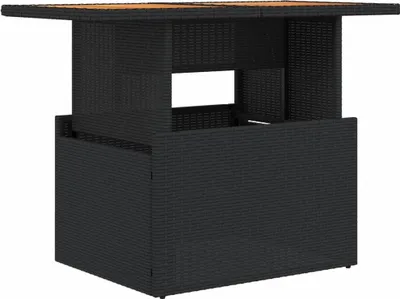 A black rattan bar table with a wooden top, shown from a side angle against a white background.