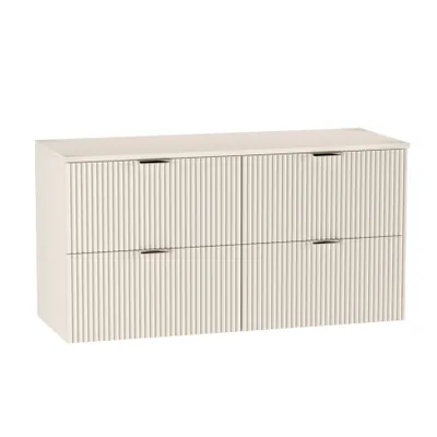 A white, minimalist studio shot of a bathroom vanity unit.