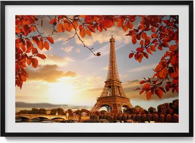 Produktbild von Der Eiffelturm zwischen den Blättern– Wandbild mit Rahmen – Gerahmtes Bild  – Wanddekoration – 100x70 cm –  Schwarz Rahmen