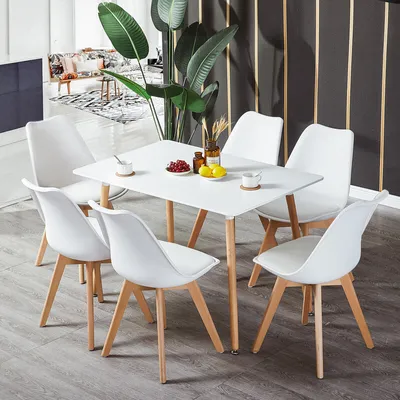Produktbild von HJ_WeDoo Essgruppe Weiß, 6 Stühle, Tisch 110x70x73cm, PP-Kunststoff, Kunstleder, Schaumstoff, Buchenholz, MDF, Nordischer Minimalismus, Ergonomisches Design, Komfortabel, Pflegeleicht, Schmutz- & Kratzfest, Einfacher Aufbau inkl. Werkzeug, Für Esszimmer, Küche, Büro, Restaurant