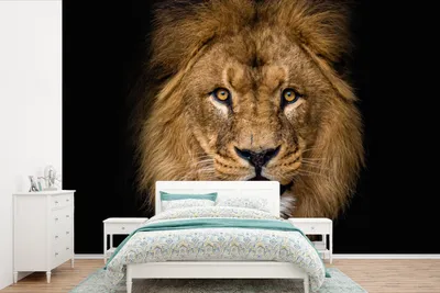Produktbild von MuchoWow® Fototapete für Wohnzimmer oder Schlafzimmer Wandtapete Vinyl Motivtapete Löwe - Porträt - Schwarz - Tiere - 390x260 cm - Papiertapete