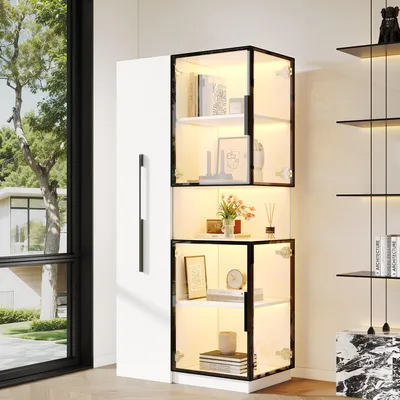 Image de Armoire vitrine Flieks avec étagère coulissante, vitrine d'exposition à double vitrage avec éclairage LED, armoire en MDF finition noyer, vitrine en verre 70x38x160 cm, blanche