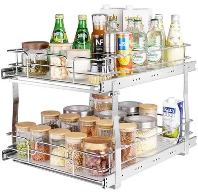 Obrázek produktu pro dvoupatrový výsuvný skříňový organizér - Robustní úložné police o rozměrech 16" Š x 21" H - Chromované ocelové výsuvné zásuvky - Posuvné zásuvky pro vnitřní použití.
