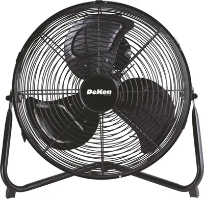 A black floor fan is shown from the front on a white background.