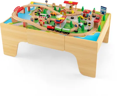 Produktbild von GOPLUS Spieltisch mit 84 Spielzeugteile, Kinder Eisenbahn Set mit Schublade & Umkehrbare Arbeitsfläche, Kinderaktivitätstisch zum Spielen, Natur