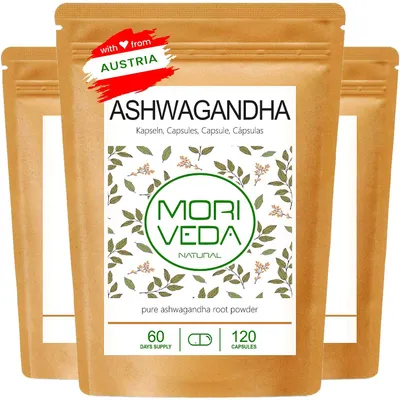 Produktbild von Moriveda Ashwagandha Kapseln – 360 Stück – 1000 mg Wurzelpulver – 22 mg Withanolide pro Tagesdosis – vegan – aus Indien