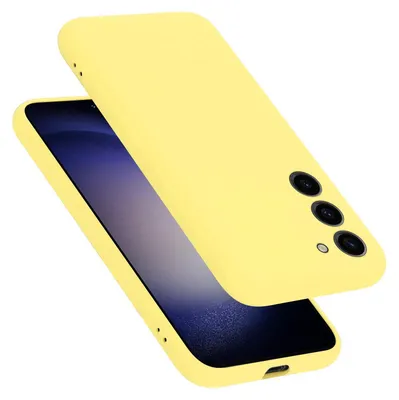 A yellow phone case is shown on top of a smartphone.