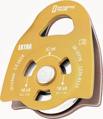 Umlenkrolle Extra Roll von singing rock; gelb mit technischen Angaben; maximale Belastung 32 kN.