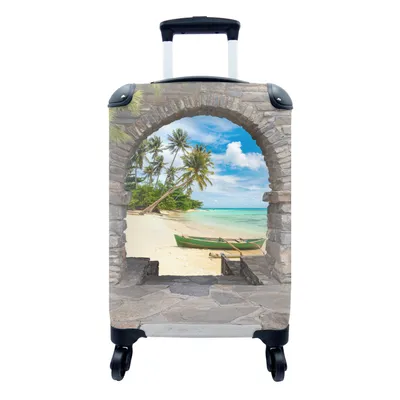 Produktbild von MuchoWow® Koffer Handgepäck Trolley Rollkoffer Kleine Reisekoffer mit 4 Rollen - Strand - Palme - Blick - Meer - Kanu - Cabin Size < 55x40x23 cm & 55x40x20 cm - Fotokoffer - Kabinenkoffer - Boardgepäck - Reise-Box - Reisekoffer - Reisegepäck - Koffer mit Bild - Trolley für Kinder