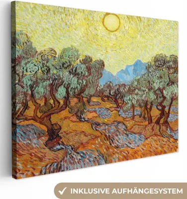 Obrázek produktu pro OneMillionCanvasses® - Obraz na plátně - Olivovníky se žlutou oblohou a sluncem - Vincent van Gogh, nástěnná malba, nástěnné dekorace obrazy obývací pokoj, 80x60cm