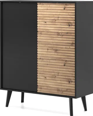 Zdjęcie produktu dla DomoHome Nowoczesna komoda WILLOW KD-104 - szerokość: 104 cm, wysokość: 125 cm, głębokość: 39 cm, 2 drzwi, czarny i dąb rzemieślniczy, bezuchwytowy system otwierania, solidna metalowa rama