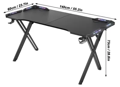 Produktbild von Gaming-Tisch – Computertisch – X-förmiges Stahlgestell – Arbeitsplatte aus Carbonfaser, 140 cm – mit LED-Beleuchtung