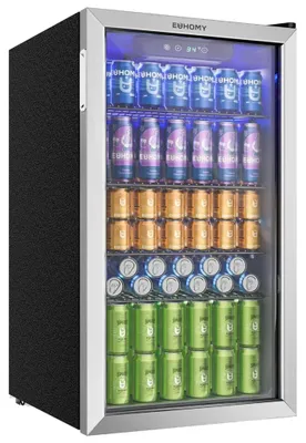 Produktbild von EUHOMY Getränkekühlschrank 90L, Mini-Kühlschrank für 126 Dosen mit Glastür, kleiner Kühlschrank mit verstellbaren Regalen für Limonade, Bier oder Wein