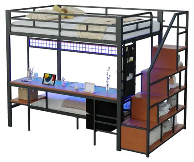 Productafbeelding van Metaal hoogslaper met bureau - 140 x 200 cm - LED-verlichting - Stopcontacten - Open opbergruimte met stoffen lades - Zwart