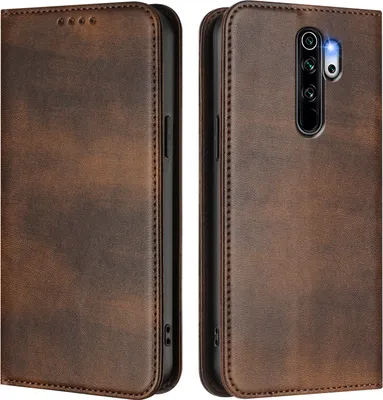 A product shot of a brown leather phone case, shown from the front and back.