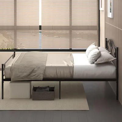 Image de Sommier double avec tête de lit et lattes, lit en acier, noir | 145 x 211 cm | 31 cm d'espace de rangement | jusqu'à 300 kg