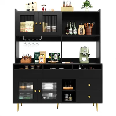 Image de Armoire haute avec porte en verre Changhong et étagère à vin, dimensions 145 x 39 x 171 cm, couleur noire/dorée