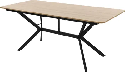 A rectangular dining table with a light brown wood-grain top and black metal legs, shown from a diagonal angle against a white background.