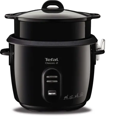 A black Tefal Classic 2 rice cooker is shown against a white background.