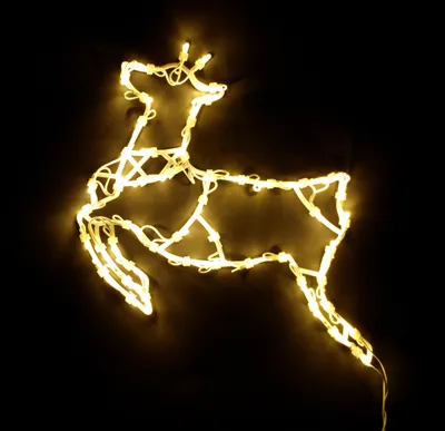 A lit-up reindeer silhouette made of lights against a black background.