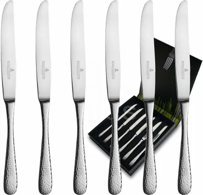 A set of six silver knives in a black presentation box, with four knives standing upright in the foreground and two partially visible in the box.