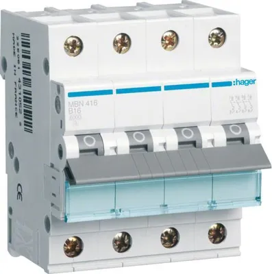 Immagine prodotto di Hager MBN416. Corrente nominale: 16 A. Tipo: tipo B, Quantità moduli (max): 4 moduli. Larghezza: 70 mm, Profondità: 70 mm, Altezza: 83 mm (M