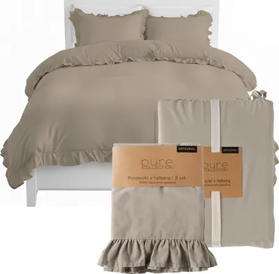 A taupe duvet cover and pillowcases with ruffles are displayed on a bed, with packaged pillowcases in the foreground.