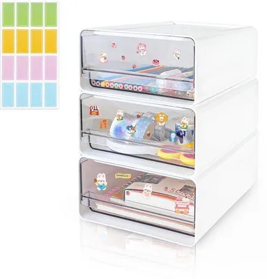 Immagine prodotto di Contenitore impilabile in plastica Unyqoos®, set di 3 cassetti trasparenti con etichette e adesivi, 24x17x9 cm – Organizzazione per ufficio e casa