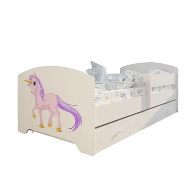 Produktbild von Kinderbett 80x160 cm mit Matratze und Schublade, Rausfallschutz & Lattenrost in weiß mit Einhorn Motiv Komplettbett Jugendbett Einzelbett Holz