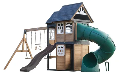 Produktbild von AXI Noud Spielturm aus Holz mit 2 Schaukeln & Rutsche in Grau & Röhrenrutsche | XXL Spielhaus / Spielplatz für Kinder mit Klettergerüst & Trapez |