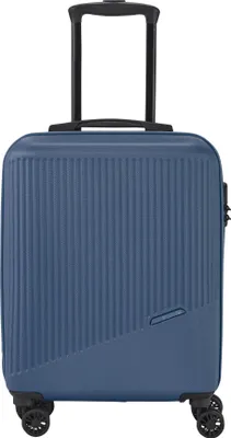 A blue trolley suitcase with a telescopic handle and wheels, shown from the front.