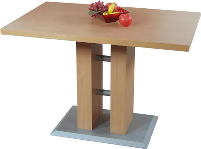 A rectangular wooden table with a pedestal base, decorated with a bowl of fruit.