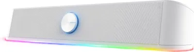 A white computer soundbar with RGB lighting on a white background.