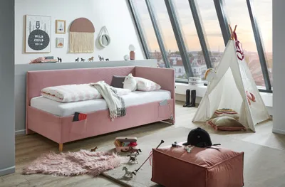 Produktbild von Meise Möbel Kinderbett Cool 90x200 cm | Polsterliege | Bettkasten & Lattenrost | Cordstoff Rose | Holzfuß eichefarbig