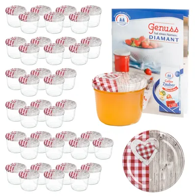 Image de lot de 40 pots 230 ml To 82 bois coeur rouge couvercle incl. Diamant Gelierzauber livret de recettes