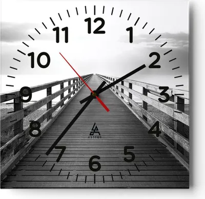 Produktbild von Wanduhr - Quadrat - Glasuhr - Pier Perspektive Schwarzweiß - 40x40cm - Schleichendes Uhrwerk - Lautlos - zum Aufhängen bereit - Dekoration Modern - Wanddekoration aus Glas - C4AC40x40-4424