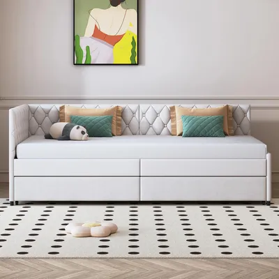 Produktbild von Tagesbett - Schlafsofa 90 x 200 cm - Ausziehbett - Stauraum - Samt gepolstert - Lattenrost - Holzgestell - Beige