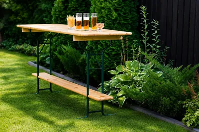 Obrázek produktu pro Skládací barový stůl BAVORD 220x70 cm, výška 110 cm – masiv borovice 30 mm, ocelový rám Ø 30 mm, pro 8–10 osob