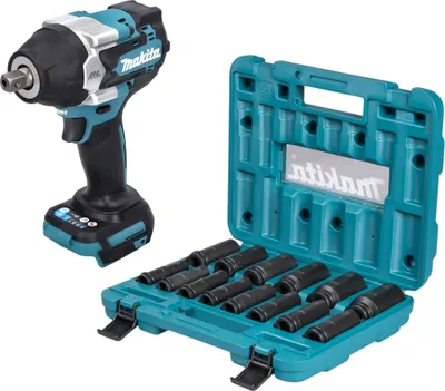 A cordless impact wrench and a set of sockets are displayed on a white background.
