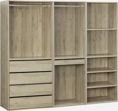 A modular wardrobe set with three elements, showing open compartments and drawers.