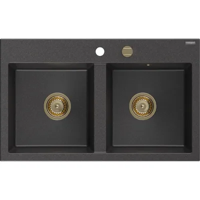 Zdjęcie produktu dla Mexen Hektor zlewozmywak granitowy 2-komorowy 800 x 480 mm, czarny nakrapiany, syfon złoty - 6521802000-76-G