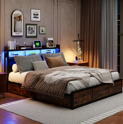 Produktbild von CDGlobal Polsterbett Metallbett 160x200cm mit 4 Schubladen, LED-Beleuchtung, Lagerregal, Doppelbett Bettgestell, Stabil Metallrahmen, Stauraumbetten, Jugendbett, PU, Schwarz